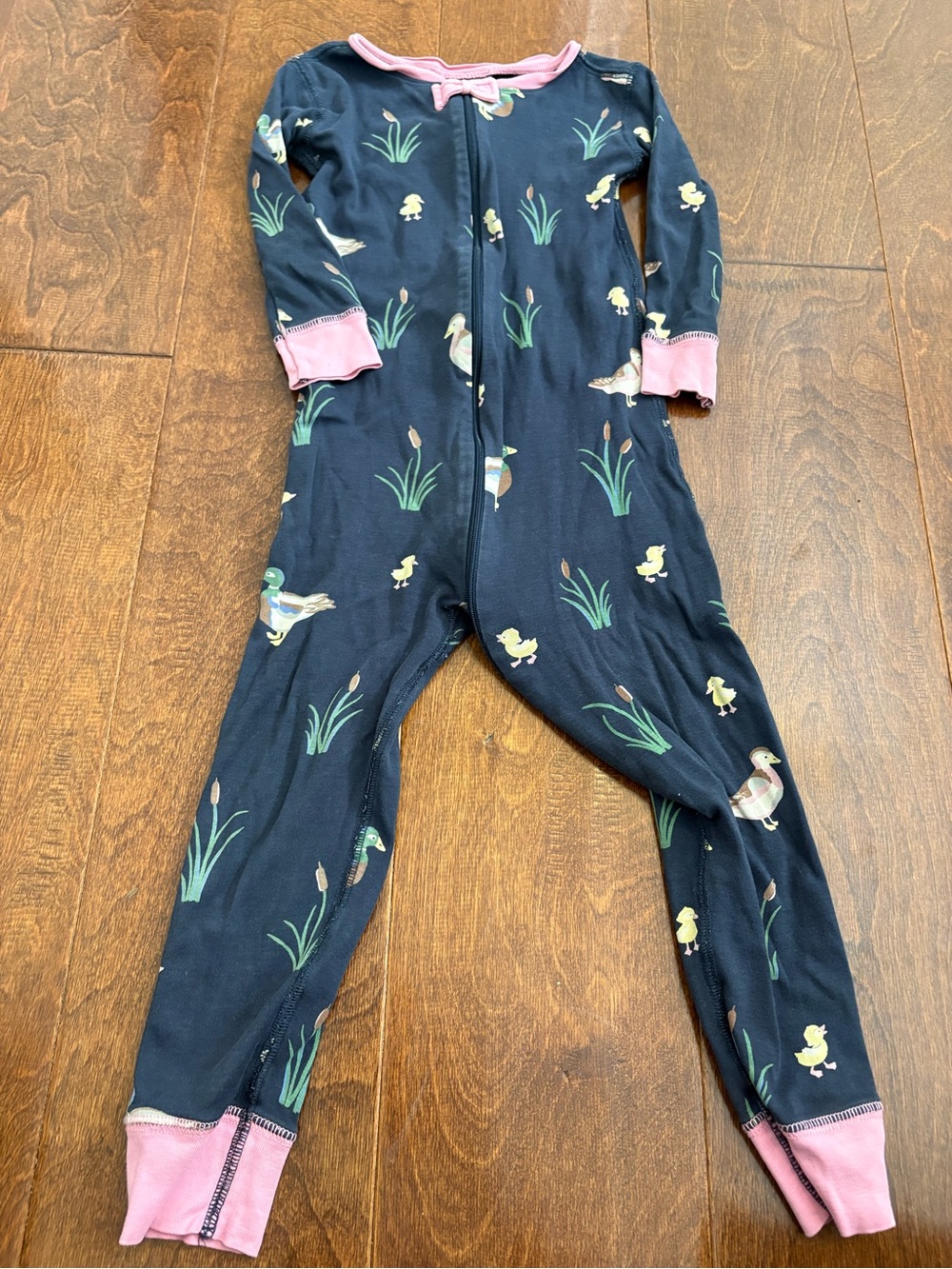 The Beaufort Bonnet Company Navy Duck & Chick Print Kids Pajamas with Pink Trim